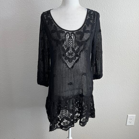 Eberjey Breezy Weave Black Floral Crochet Swim Coverup Women's M Mini Sheer - Picture 1 of 7